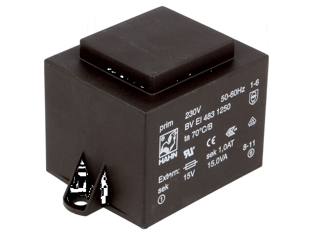 Transformator: ingegoten; 15VA; 230VAC; 15V; 1A; PCB; BVEI Transformator: ingegoten; 15VA; 230VAC; 15V; 1A; PCB; BVEI